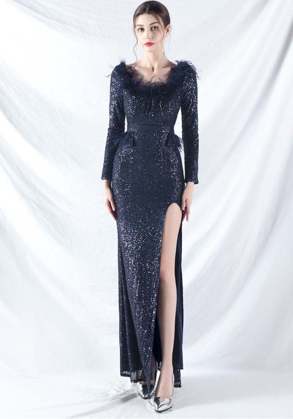 Women ostrich feather long-sleeved sequined evening dress
