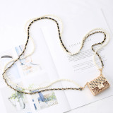 Women Hollow Diamond Earphone Bag Pearl Chain Waist Bag