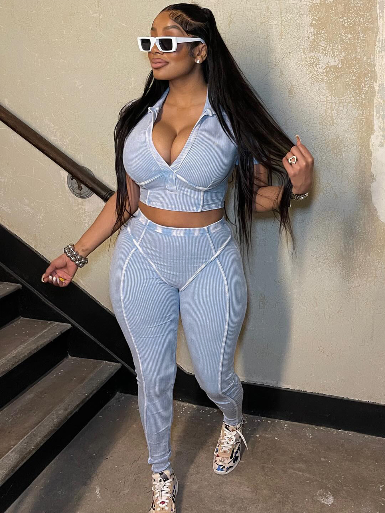 Women Washed and distressed Turndown Collar V Neck two-piece set