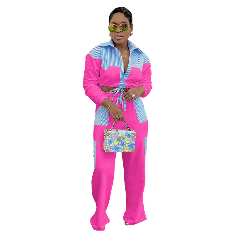 Women Casual striped color-blocked long-sleeved shirt and trousers two-piece set