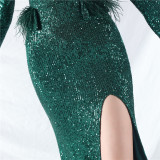 Women ostrich feather long-sleeved sequined evening dress