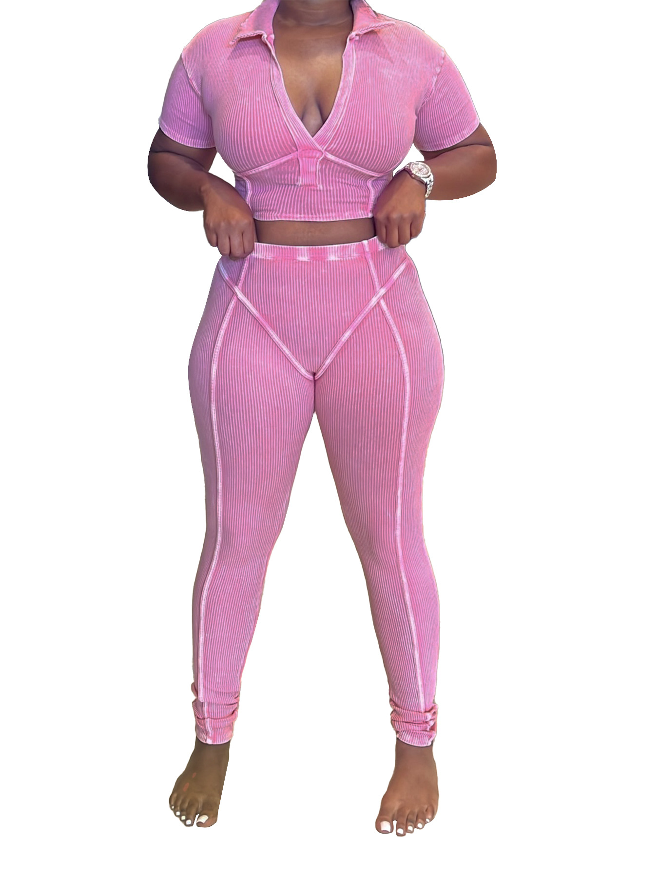 Women Washed and distressed Turndown Collar V Neck two-piece set