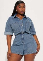 High Stretch Short-Sleeved Loose Denim Jumpsuit