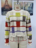 Plus Size Women Round Neck Color Block Knitting Loose Long Sleeve Sweater