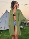Solid Color Cotton Long-Sleeved Shirt Beach Cover-Up Holidays Sunscreen Shirt