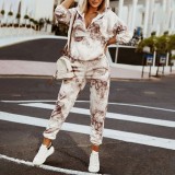 Women Printed Long Sleeve Top and Trousers Two-piece Set