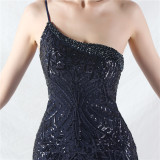 Sexy One Shoulder Sequins Mesh Patchwork Evening Dress