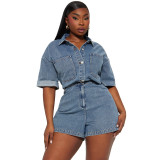 High Stretch Short-Sleeved Loose Denim Jumpsuit