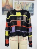 Plus Size Women Round Neck Color Block Knitting Loose Long Sleeve Sweater