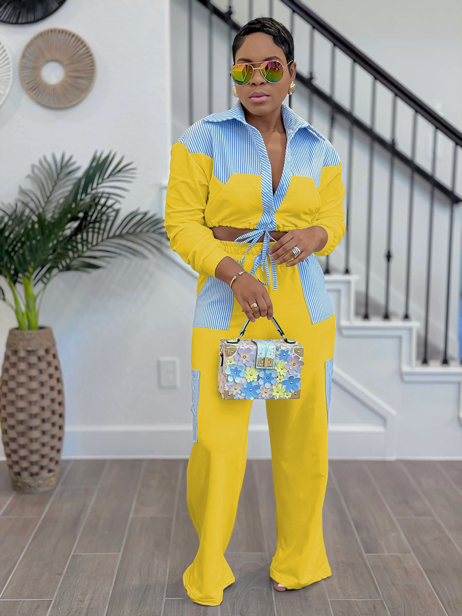 Women Casual striped color-blocked long-sleeved shirt and trousers two-piece set