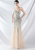 Sexy One Shoulder Sequins Mesh Patchwork Evening Dress