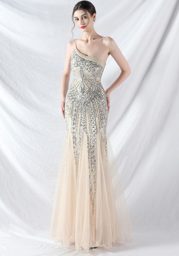 Sexy One Shoulder Sequins Mesh Patchwork Evening Dress