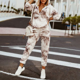 Women Printed Long Sleeve Top and Trousers Two-piece Set