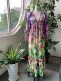 Women summer printed gradient ruffled v-neck sexy Maxi dress