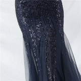 Sexy One Shoulder Sequins Mesh Patchwork Evening Dress