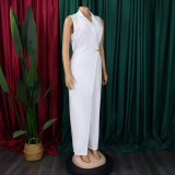 Women's Chic Elegant Turndown Collar Slim Waist Chain Loose Wide Leg Jumpsuit