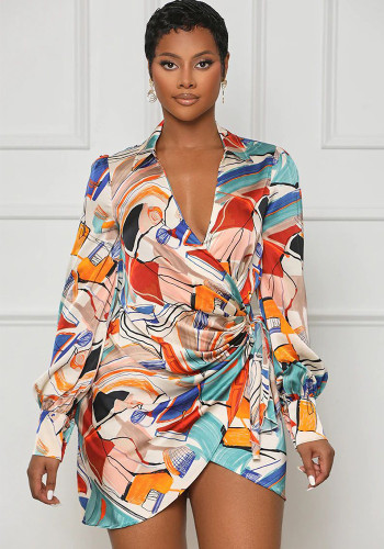 Sexy Fashion Printing Long Sleeve V-Neck Women's Dress