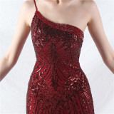 Sexy One Shoulder Sequins Mesh Patchwork Evening Dress