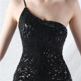 Sexy One Shoulder Sequins Mesh Patchwork Evening Dress