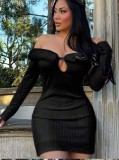 Women Sexy Off Shoulder Long Sleeve Patchwork Button Hollow Dress