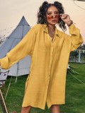 Solid Color Cotton Long-Sleeved Shirt Beach Cover-Up Holidays Sunscreen Shirt