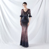Elegant V-Neck Short Lseeve Sequins Mermaid Plus Size Formal Party Evening Dress