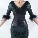 Elegant V-Neck Short Lseeve Sequins Mermaid Plus Size Formal Party Evening Dress