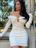 Women Sexy Off Shoulder Long Sleeve Patchwork Button Hollow Dress