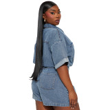 High Stretch Short-Sleeved Loose Denim Jumpsuit