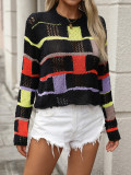 Plus Size Women Round Neck Color Block Knitting Loose Long Sleeve Sweater