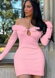 Women Sexy Off Shoulder Long Sleeve Patchwork Button Hollow Dress