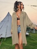 Solid Color Cotton Long-Sleeved Shirt Beach Cover-Up Holidays Sunscreen Shirt