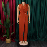 Women's Chic Elegant Turndown Collar Slim Waist Chain Loose Wide Leg Jumpsuit