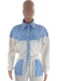 Women Casual striped color-blocked long-sleeved shirt and trousers two-piece set
