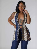Sexy Design Low Back V-Neck Striped Patchwork Style Vest Women's Clothing