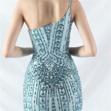 Sexy One Shoulder Sequins Mesh Patchwork Evening Dress
