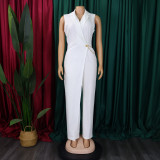 Women's Chic Elegant Turndown Collar Slim Waist Chain Loose Wide Leg Jumpsuit