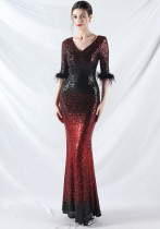 Elegant V-Neck Short sleeve Gradient Sequins Long Sleeve Evening Dress