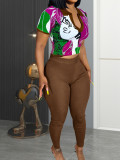 Casual Printed Turndown Collar V-Neck Short Sleeve Tight Fitting Fitted Two-Piece Pants Set Home Suit