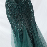 Sexy One Shoulder Sequins Mesh Patchwork Evening Dress