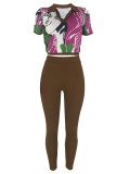 Casual Printed Turndown Collar V-Neck Short Sleeve Tight Fitting Fitted Two-Piece Pants Set Home Suit