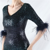 Elegant V-Neck Short Lseeve Sequins Mermaid Plus Size Formal Party Evening Dress