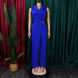 Women's Chic Elegant Turndown Collar Slim Waist Chain Loose Wide Leg Jumpsuit