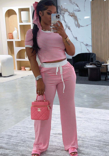 Casual Short Sleeve Striped Two-Piece Pants Set