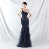 Sexy One Shoulder Sequins Mesh Patchwork Evening Dress