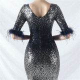 Elegant V-Neck Short Lseeve Sequins Mermaid Plus Size Formal Party Evening Dress