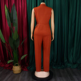 Women's Chic Elegant Turndown Collar Slim Waist Chain Loose Wide Leg Jumpsuit