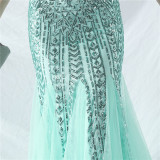 Sexy One Shoulder Sequins Mesh Patchwork Evening Dress