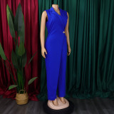 Women's Chic Elegant Turndown Collar Slim Waist Chain Loose Wide Leg Jumpsuit