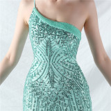 Sexy One Shoulder Sequins Mesh Patchwork Evening Dress